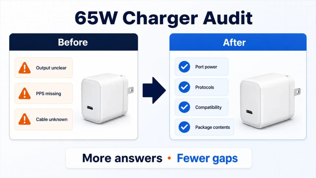 Before and after audit example for a 65W GaN travel charger listing