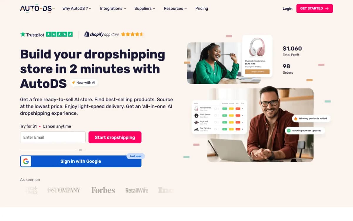Official AutoDS homepage showing dropshipping product discovery and automation