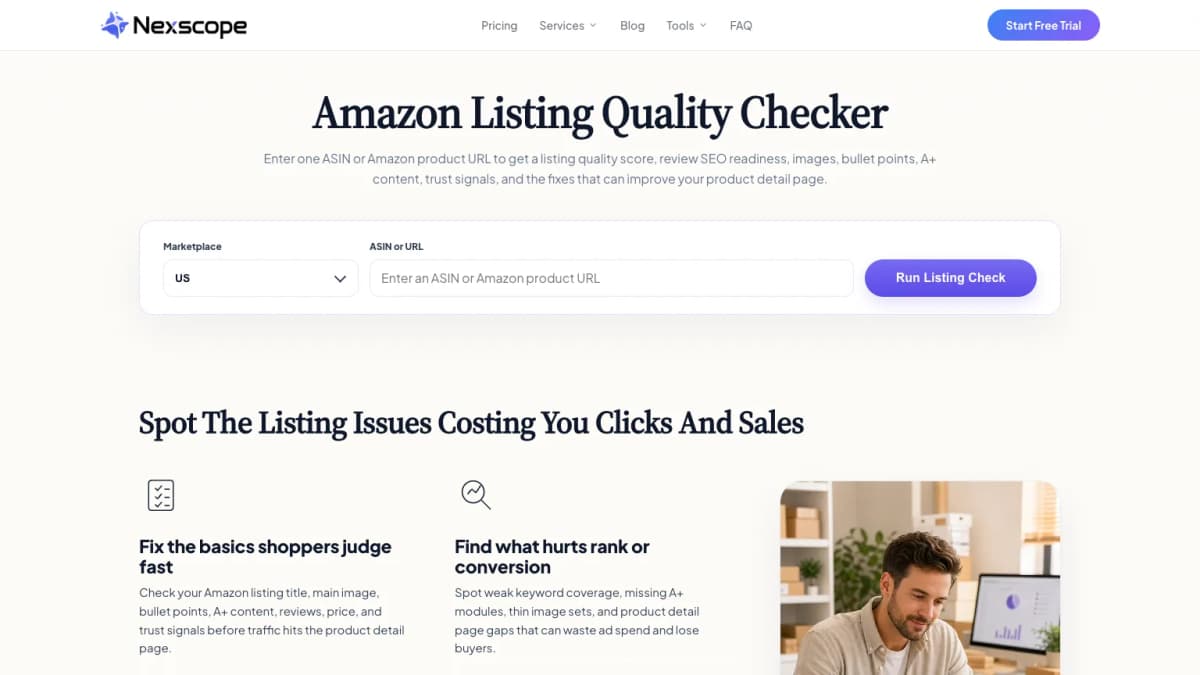 Nexscope Free Amazon Listing Health Check Tool reviewing title bullets images A+ content SEO readiness and trust signals
