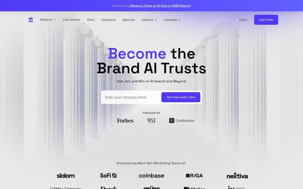 AthenaHQ homepage showing AEO and GEO platform for AI search visibility and brand trust