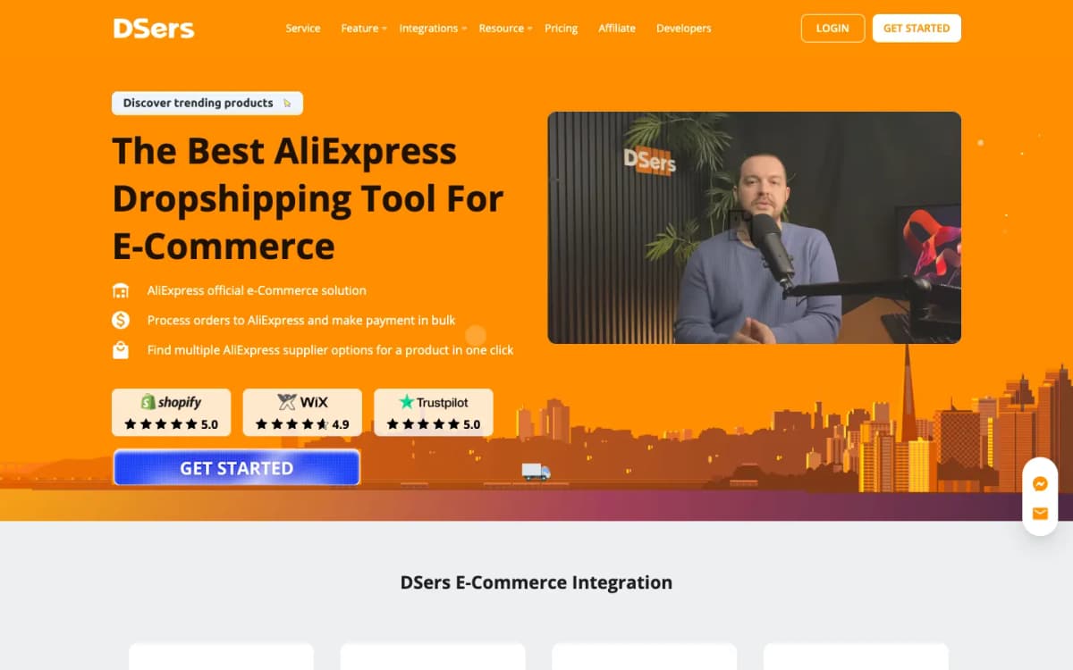 Official DSers homepage showing AliExpress dropshipping and supplier workflows