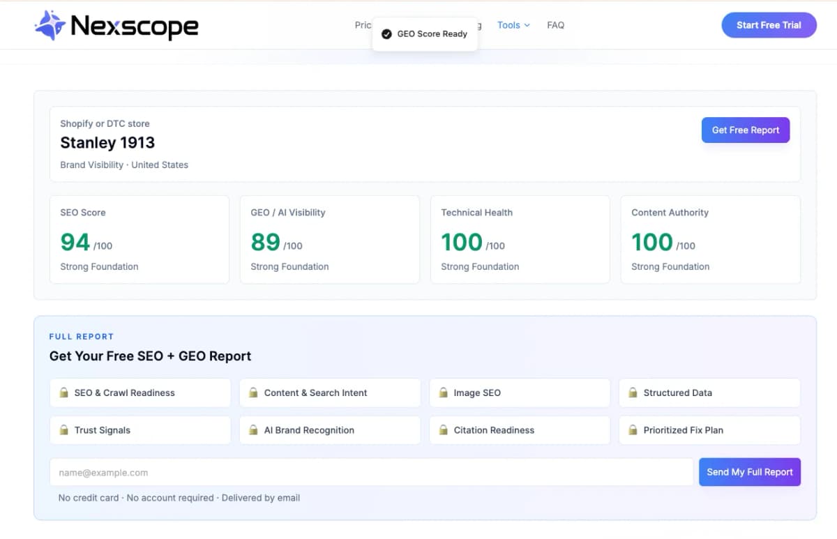Nexscope GEO score sample report showing structured data, authority, and prioritized page fixes