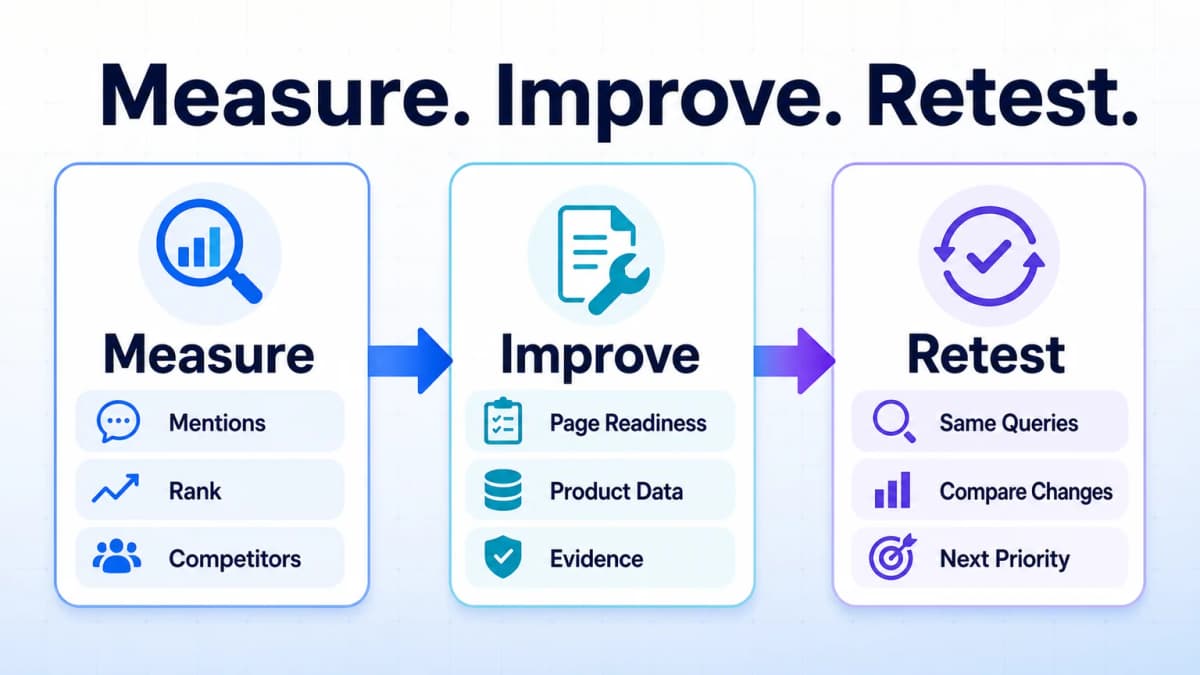 Measure, improve, and retest workflow for increasing product visibility in ChatGPT Shopping