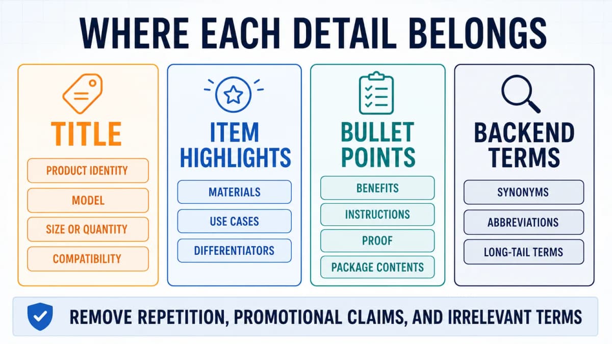 Amazon listing field allocation matrix for titles Item Highlights bullet points and backend search terms