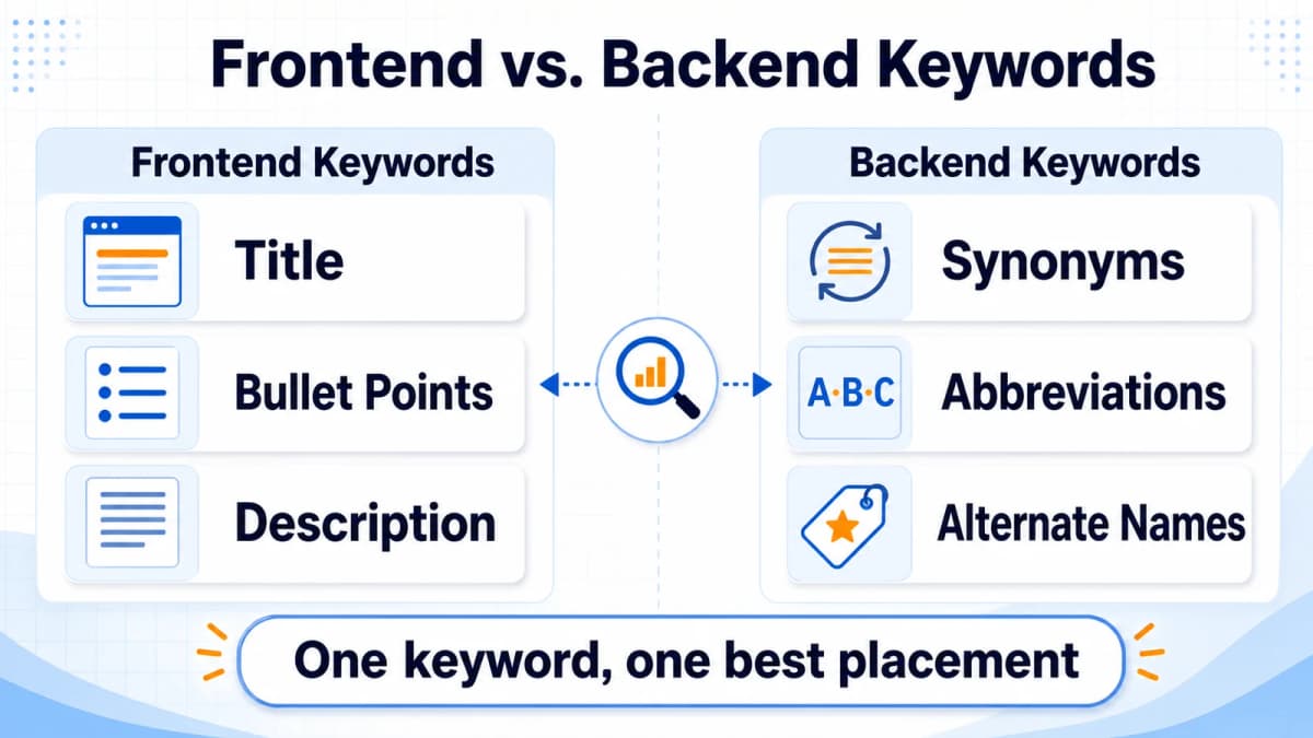 Frontend versus Amazon backend keywords comparison across listing copy, synonyms, and alternate names