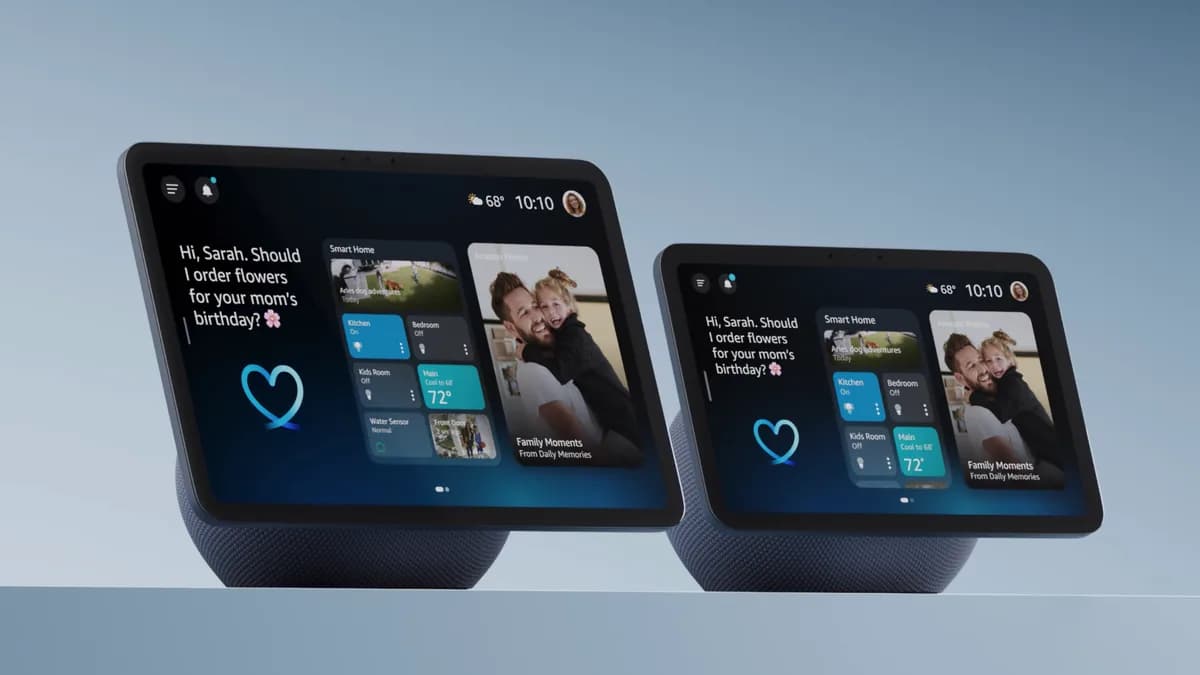 Amazon Alexa+ displayed on Echo Show 11 and Echo Show 8 smart devices in an official product image