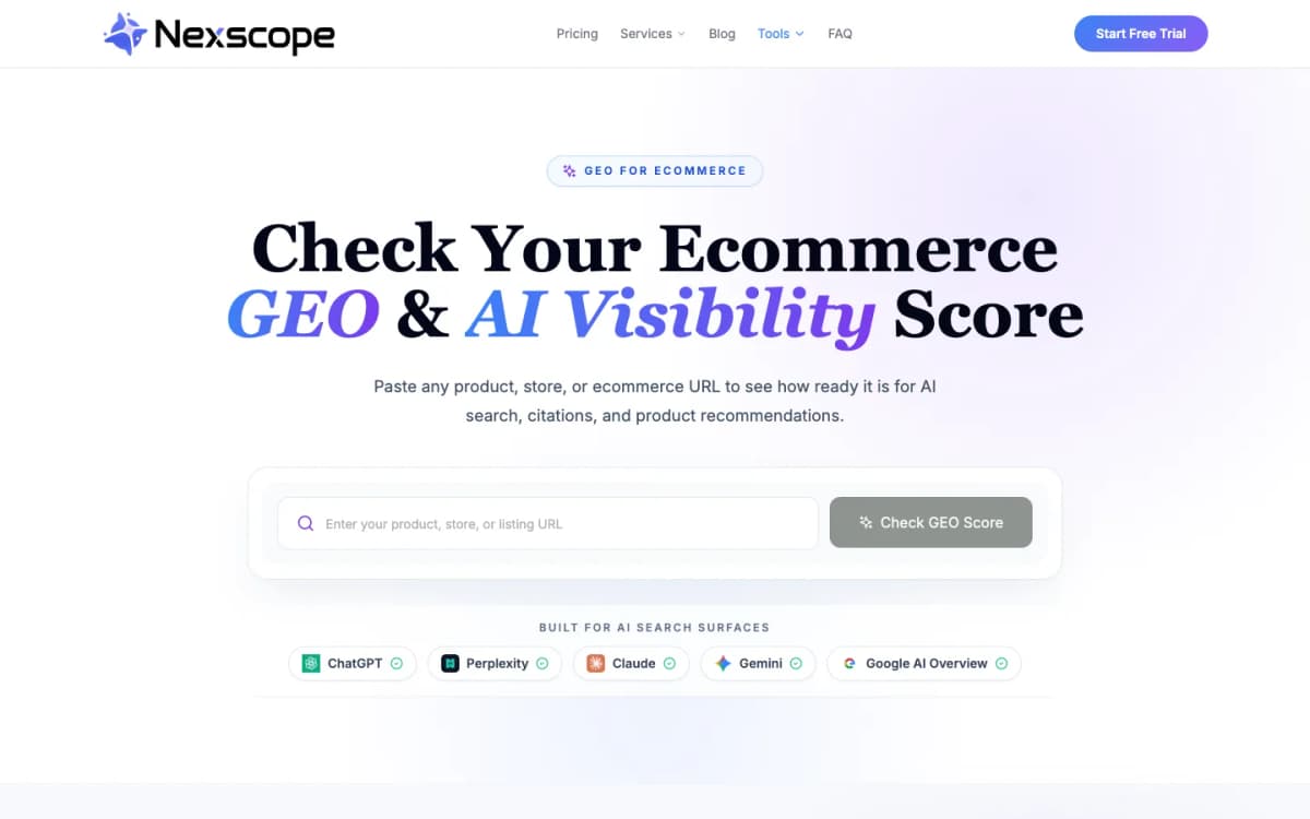 Nexscope GEO Check page showing ecommerce GEO score and AI visibility readiness for product URLs