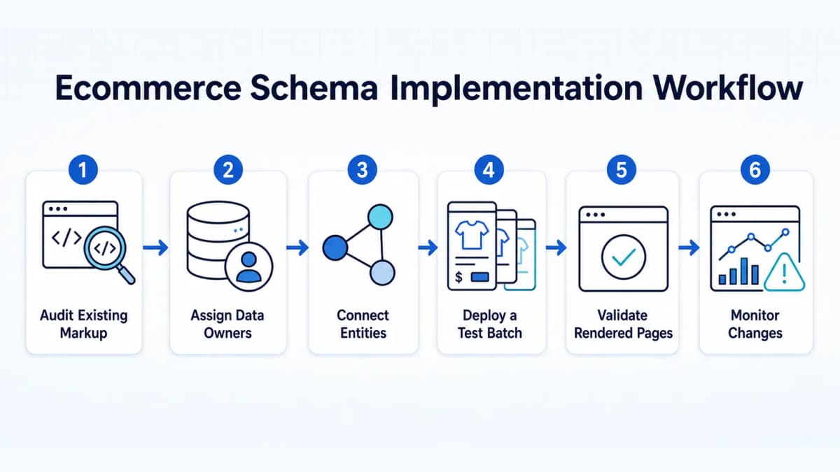 Six-step ecommerce schema implementation workflow from markup audit through ongoing monitoring