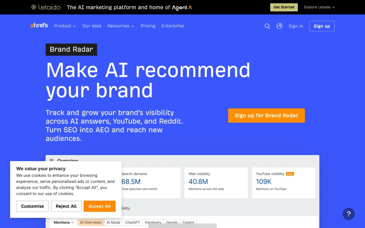 Ahrefs Brand Radar page showing AI visibility share of voice and search backed prompt data