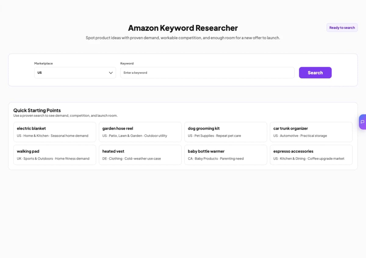 Nexscope Amazon Keyword Researcher showing marketplace and keyword inputs for demand and competition research