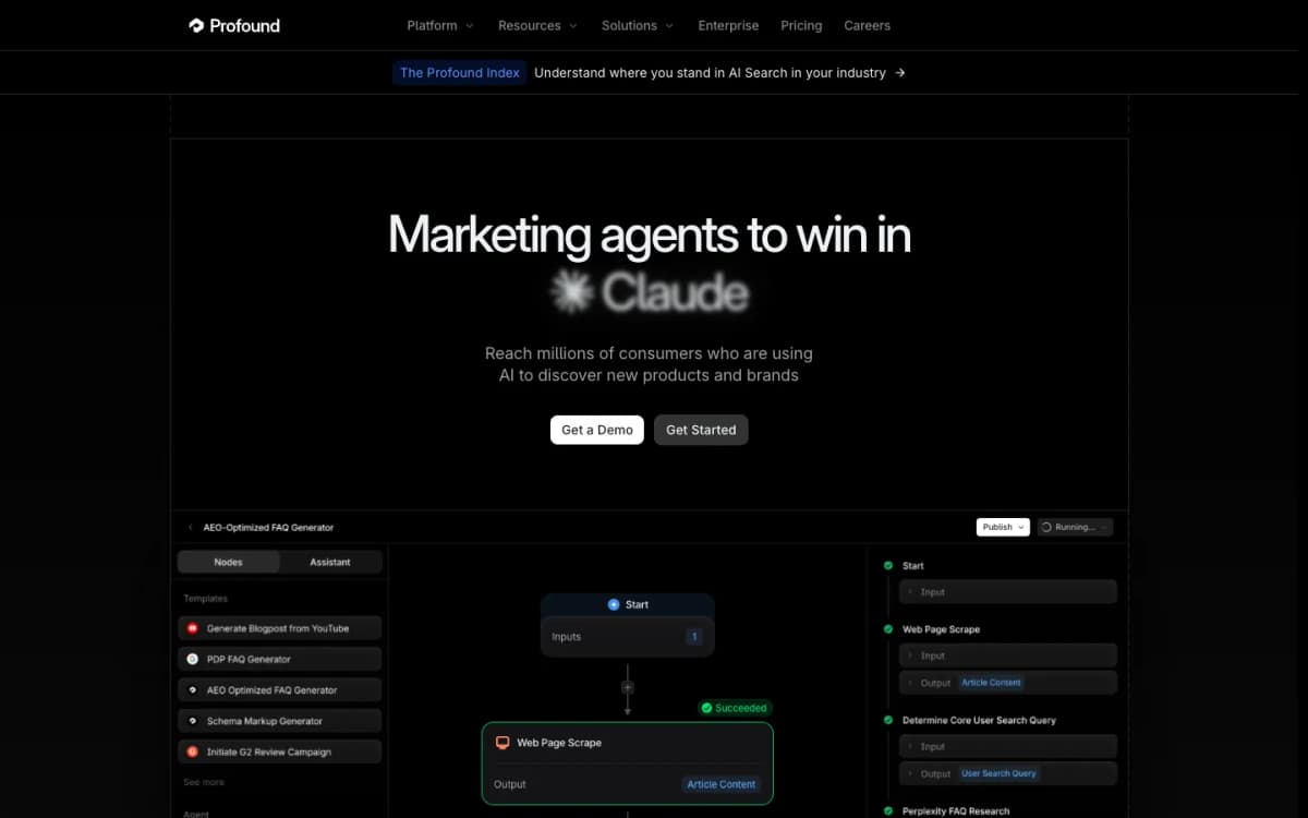 Profound homepage showing AI search visibility platform for answer engine insights and citations