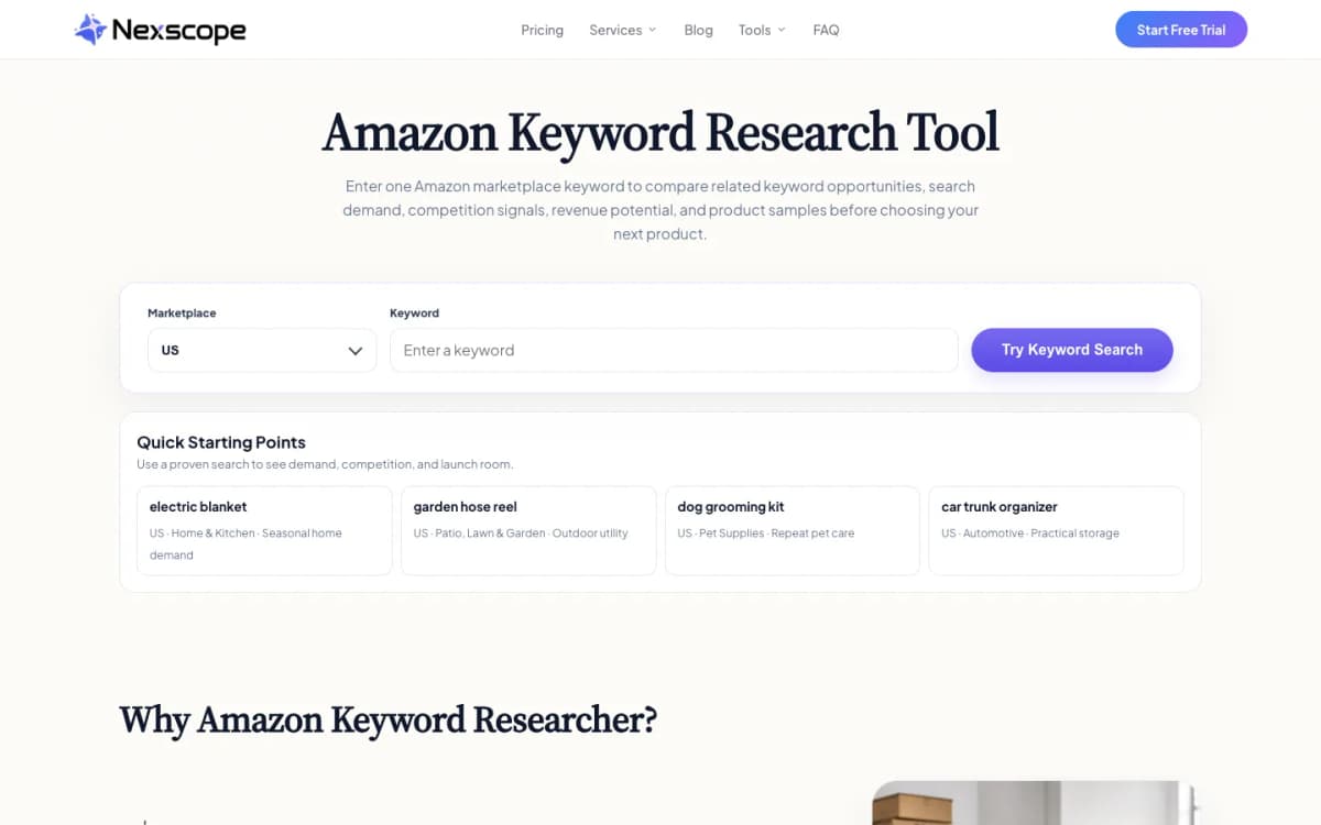Nexscope Amazon keyword research tool comparing demand, competition, and product opportunities