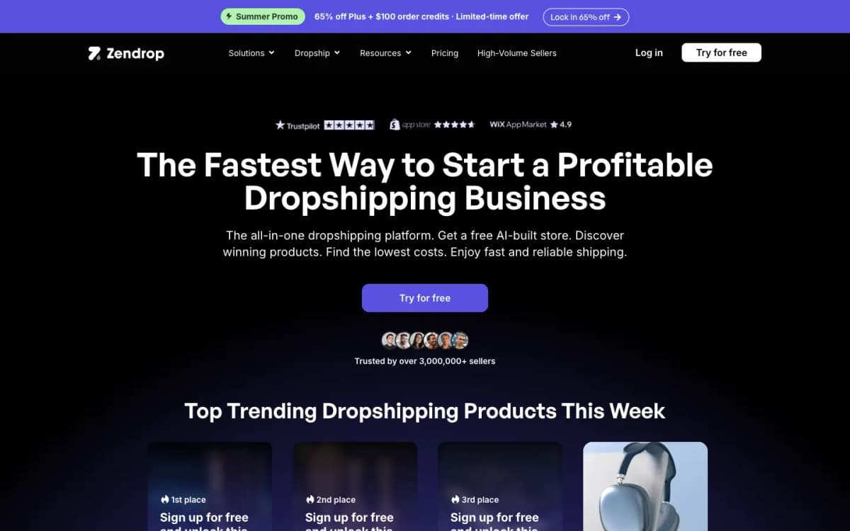 Official Zendrop homepage showing product discovery and dropshipping fulfillment