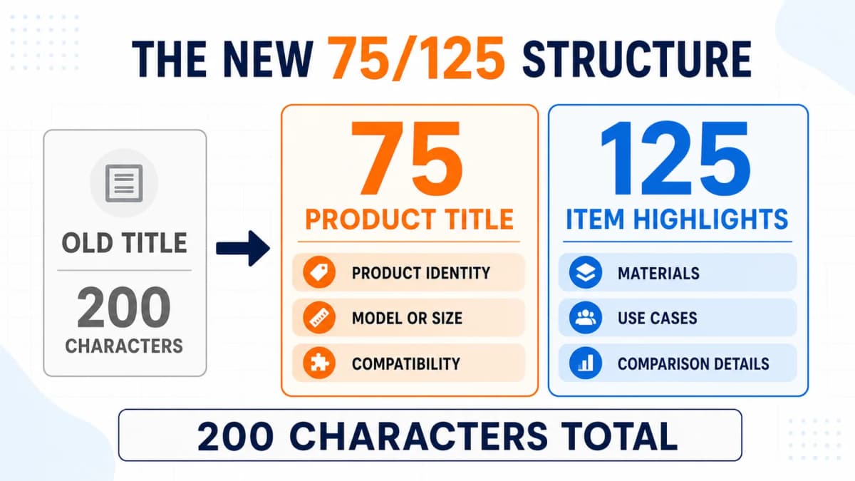 Amazon title character limit infographic comparing the old 200-character title with the new 75 plus 125 structure