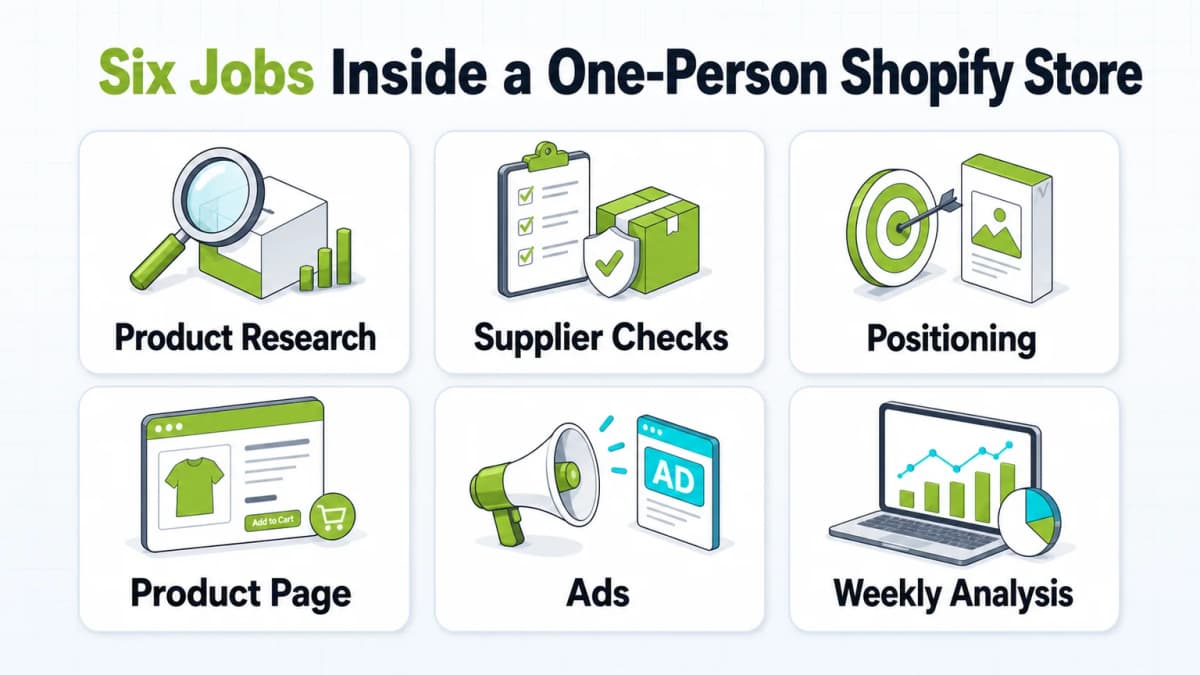 Claude prompts for Shopify workflow showing six jobs inside a one-person ecommerce store