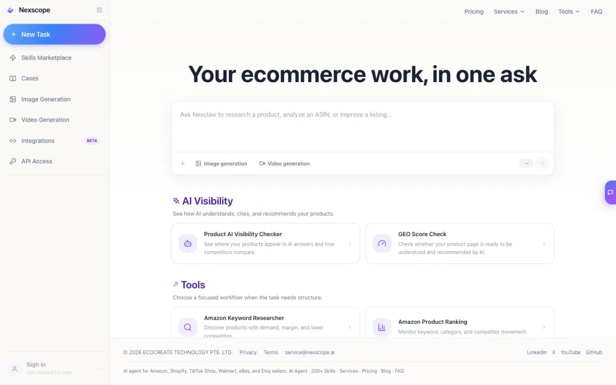 Official Nexscope homepage showing its ecommerce product research and automation tools