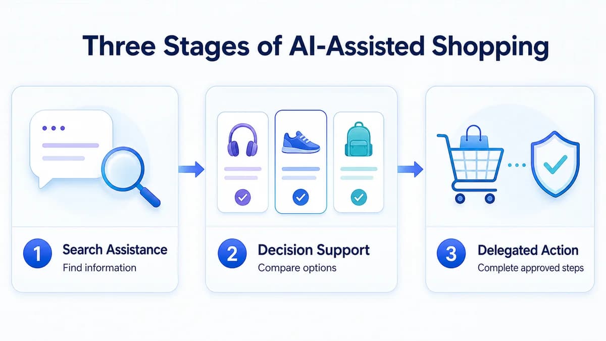 Three AI shopping stages from product search to delegated action