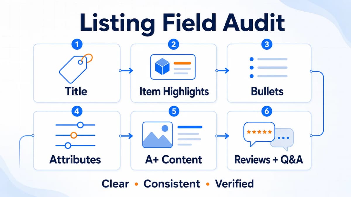 Amazon listing field audit from title through reviews and Q&A