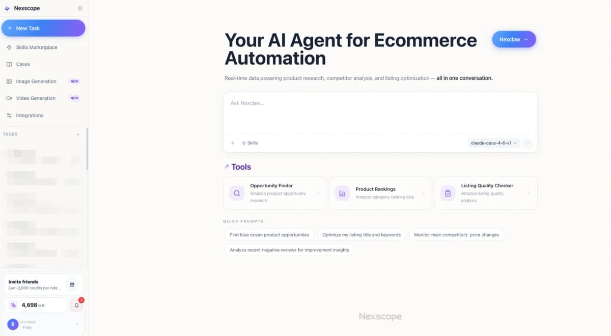 Nexscope AI Agent for ecommerce automation with product research and review analysis skills