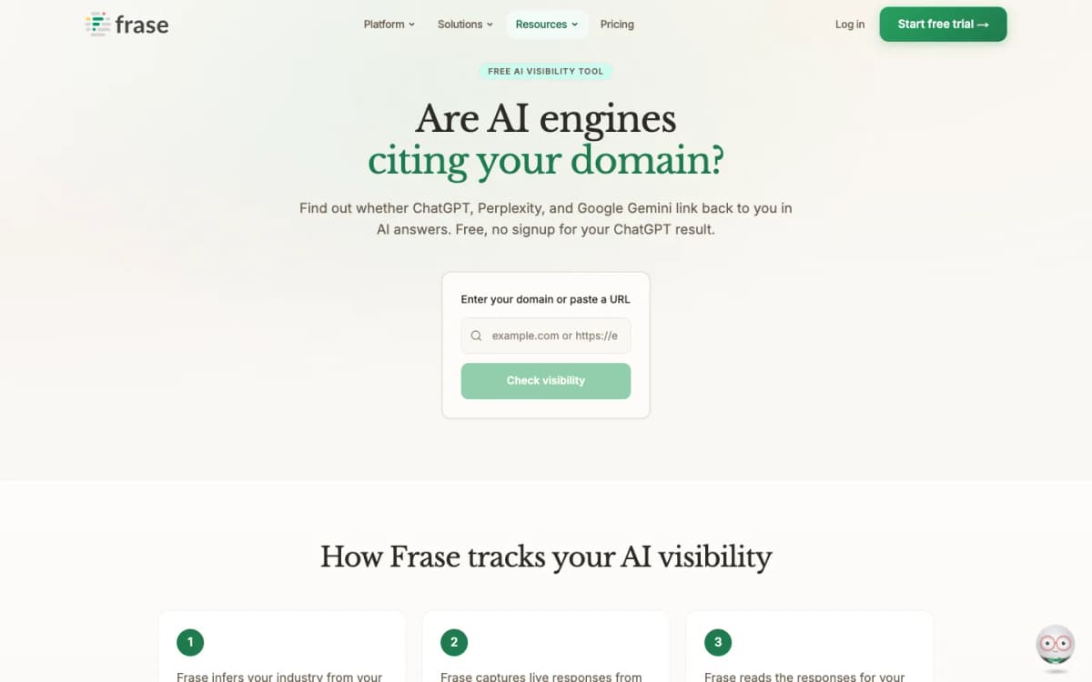 Frase AI Visibility Checker page showing whether ChatGPT Perplexity and Gemini cite a domain