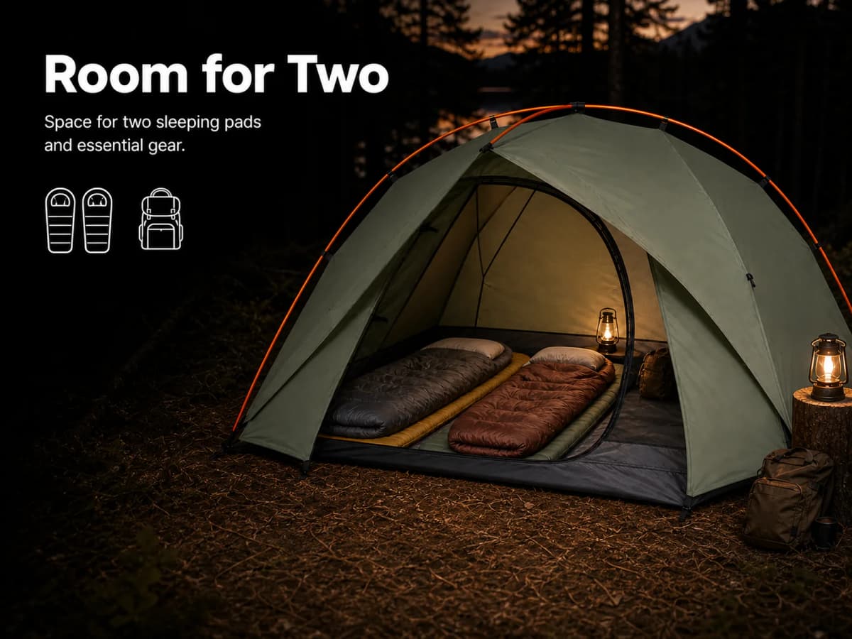 Mobile Amazon A+ image titled Room for Two with two sleeping pads inside the tent