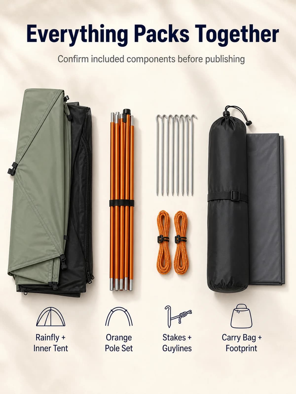 Amazon tent contents image showing the rainfly, inner tent, poles, stakes, guylines, bag, and footprint