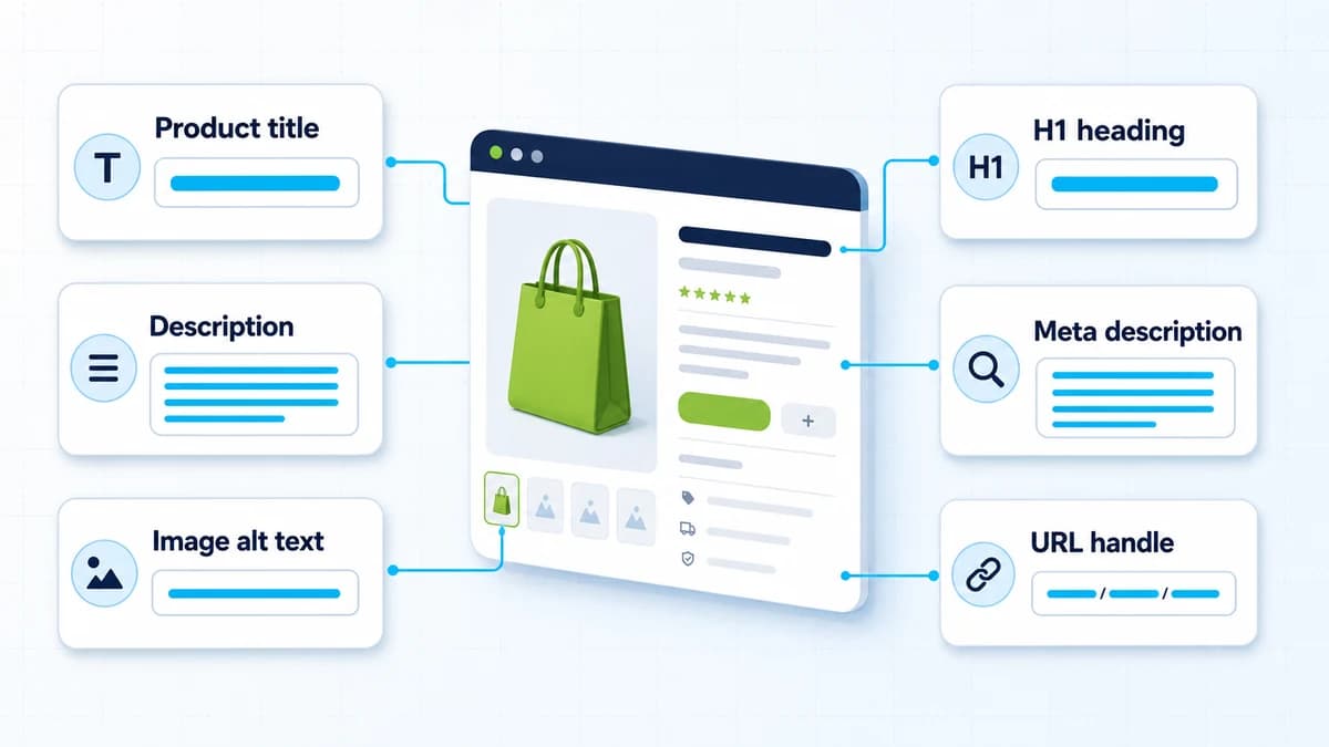 Shopify product keyword workflow connecting title, H1, description, meta description, URL, and image alt text