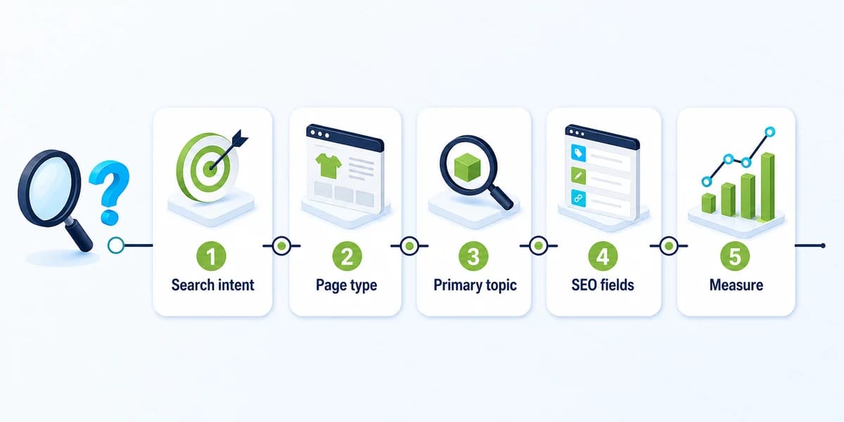 Shopify keywords map showing search intent, page type, primary topic, SEO fields, and measurement