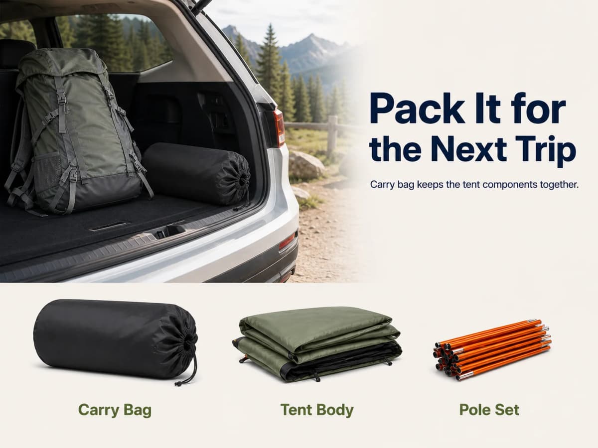 Mobile Amazon A+ storage image showing the carry bag, folded tent body, and pole set