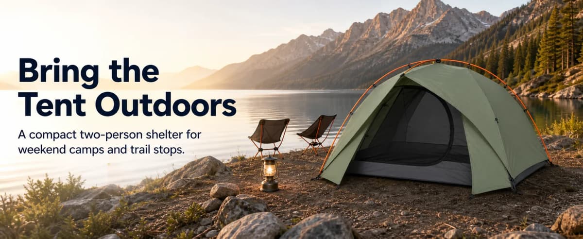 Desktop Amazon A+ banner introducing the two-person tent in a mountain lake campsite