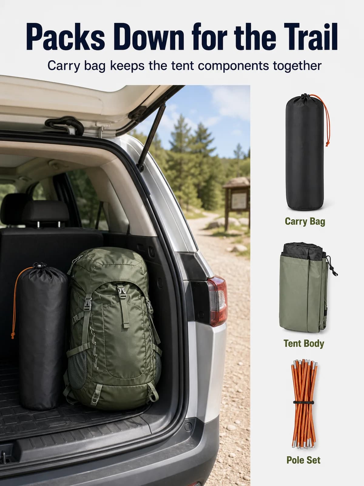 Amazon supporting image showing the tent carry bag, folded body, and pole set in a vehicle