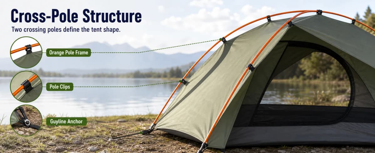 Desktop Amazon A+ structure banner labeling the orange pole frame, clips, and anchor
