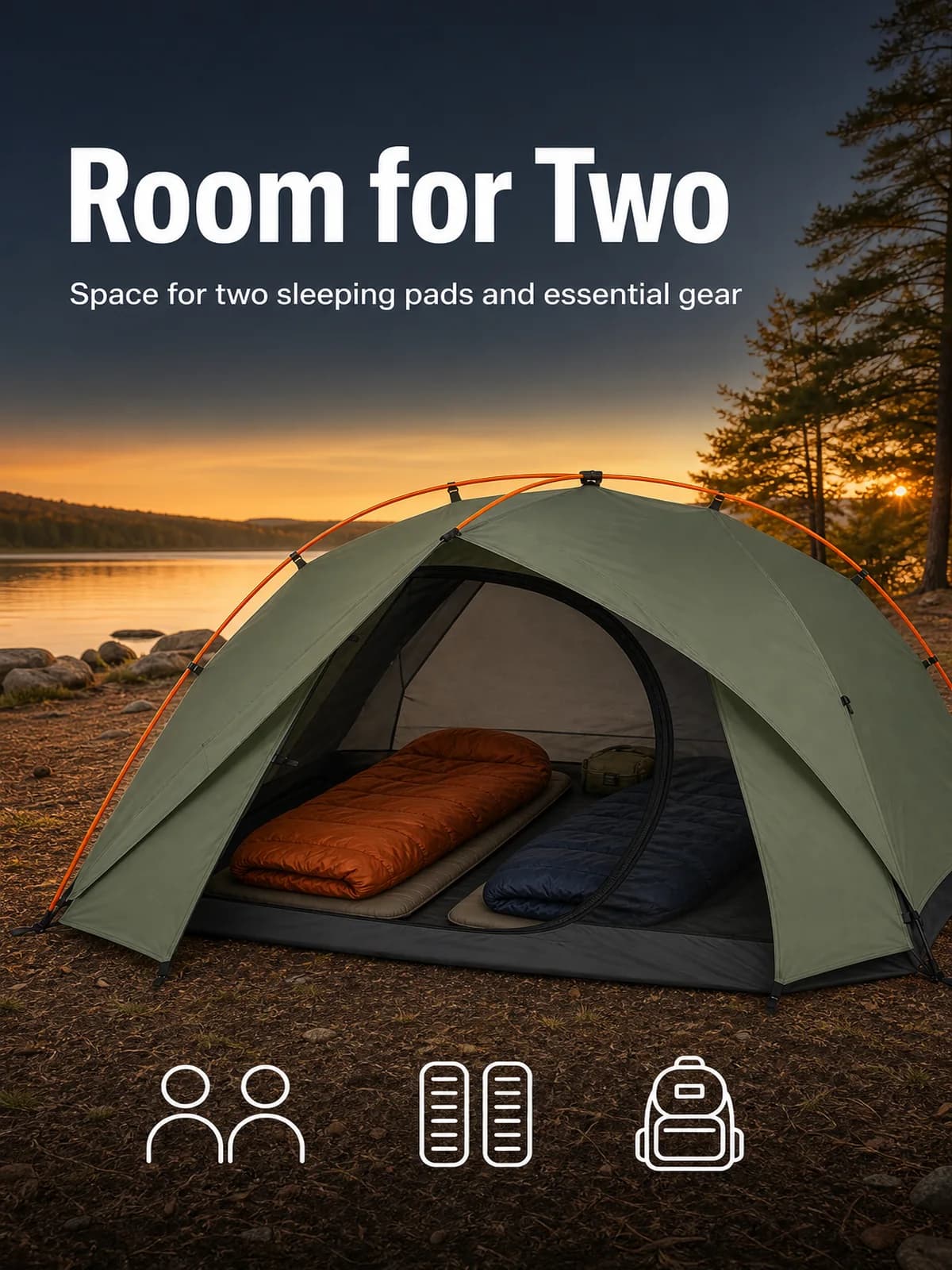 Amazon supporting image showing two sleeping pads inside a compact backpacking tent