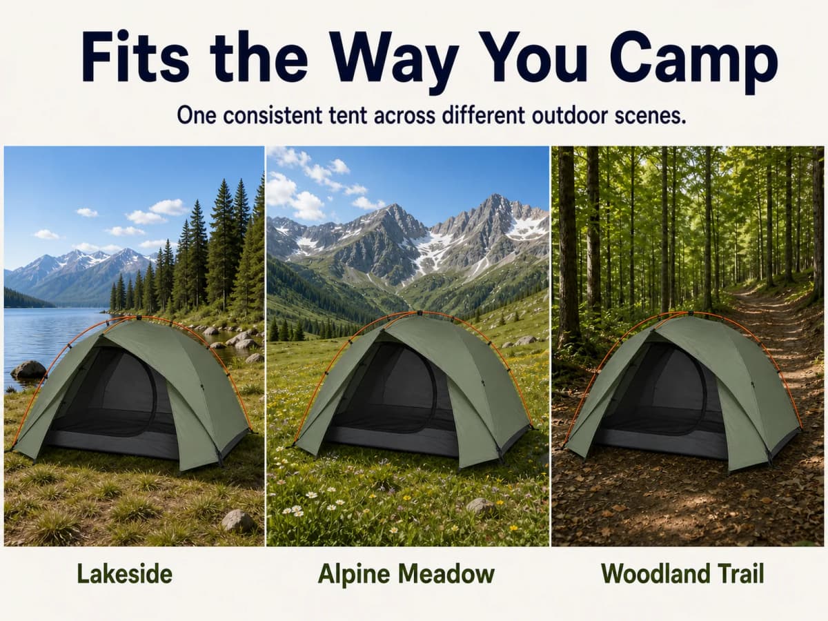 Mobile Amazon A+ multi-scene image showing the tent at lake, alpine, and woodland sites