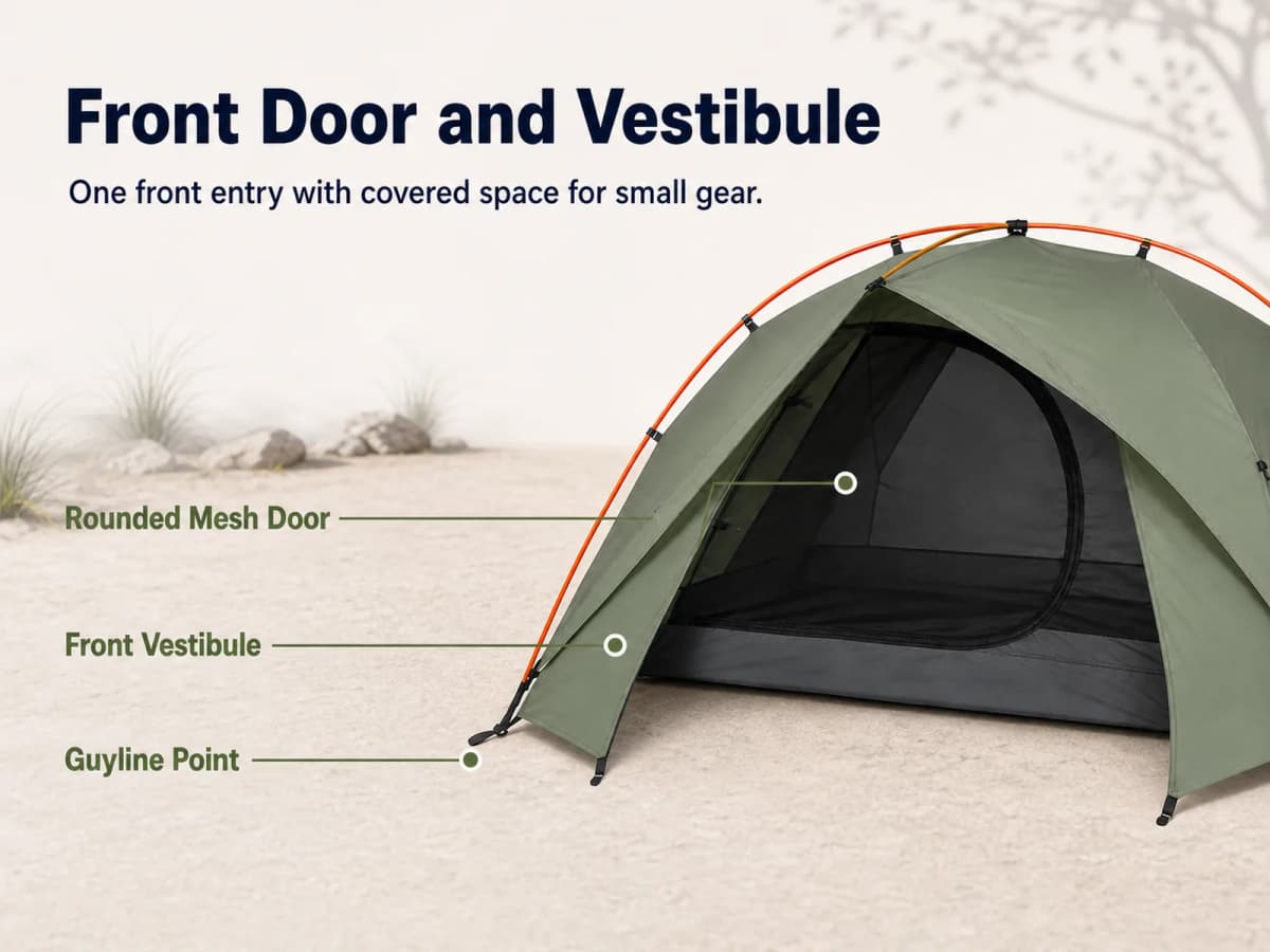 Mobile Amazon A+ image explaining the rounded front door, vestibule, and guyline point