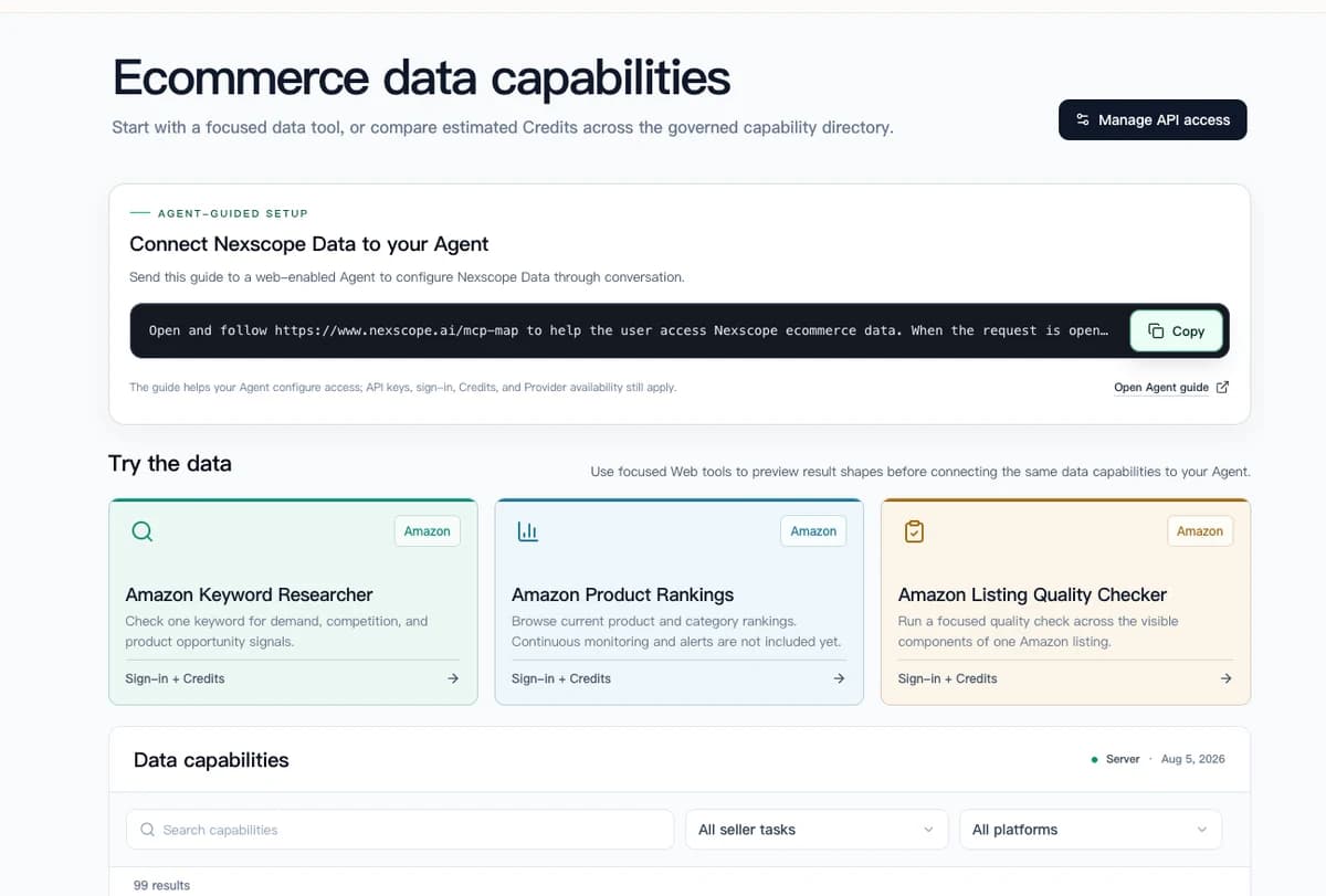 Nexscope ecommerce data capabilities for connecting research tools to an Agent through API, MCP, or Skills