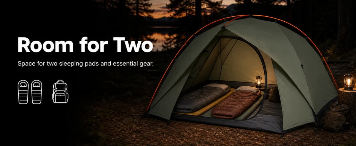 Desktop Amazon A+ banner titled Room for Two with sleeping pads inside the tent