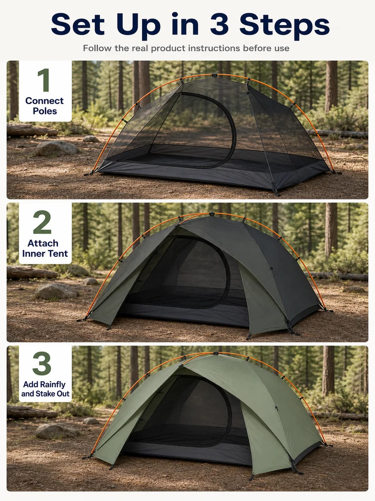 Three-step Amazon tent setup image covering poles, inner tent, rainfly, and stake-out