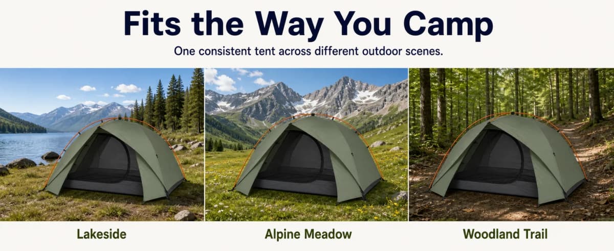 Desktop Amazon A+ multi-scene banner showing one tent across three outdoor campsites