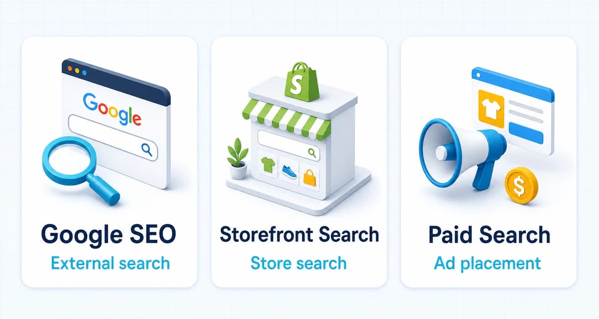 Shopify keywords comparison showing Google SEO, storefront search, and paid search
