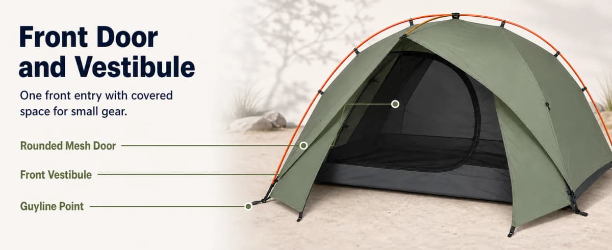 Desktop Amazon A+ banner explaining the tent front door, vestibule, and guyline point