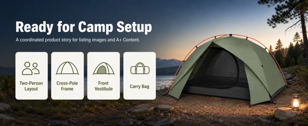 Desktop Amazon A+ summary banner with two-person layout, pole frame, vestibule, and carry bag
