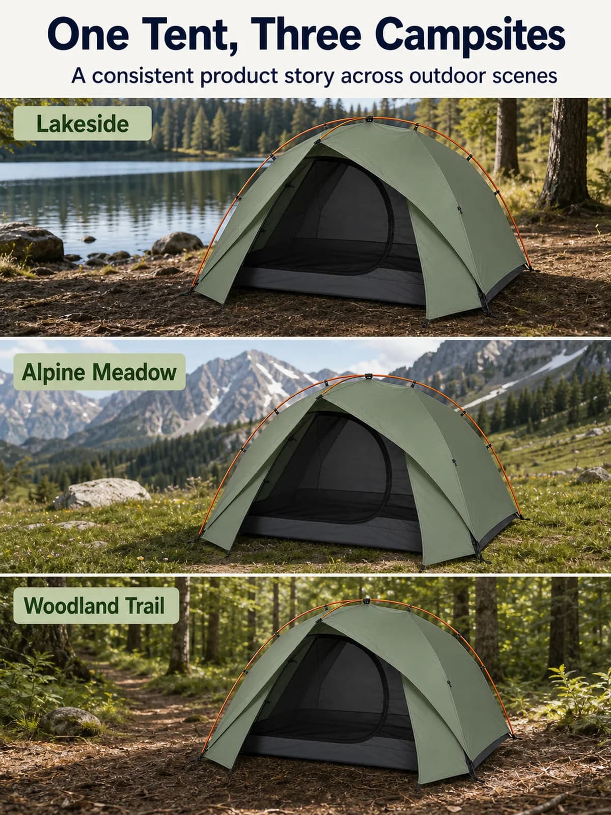 Three-panel Amazon tent image showing the same product at lake, alpine, and woodland campsites