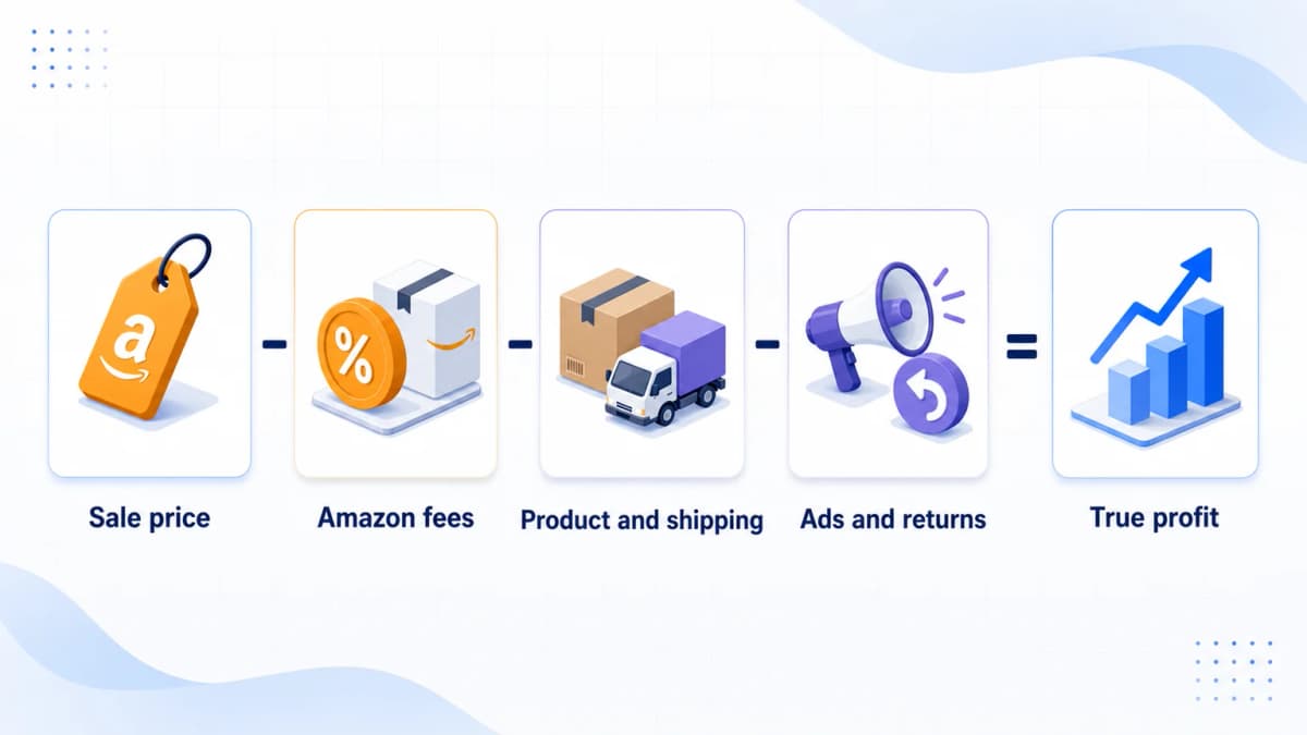 Amazon product cost stack showing sale price, Amazon fees, product and shipping costs, ads, returns, and remaining contribution