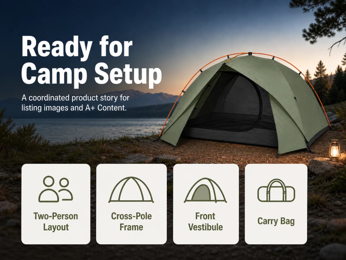 Mobile Amazon A+ summary image with four descriptive tent feature cards