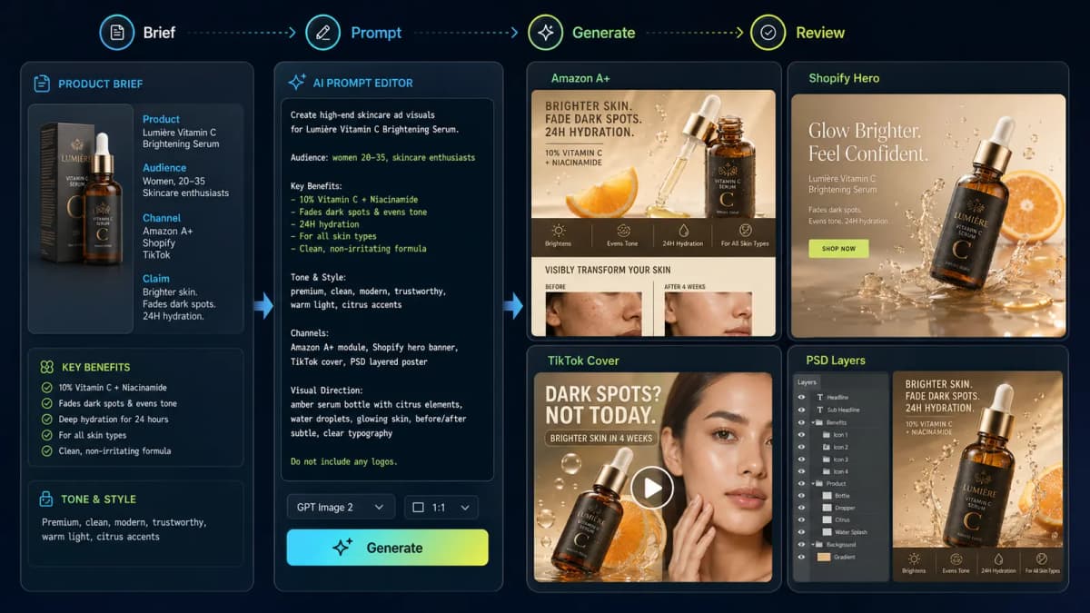 GPT Image 2 workflow connecting product brief, channel format, prompt structure, and final ecommerce creative review