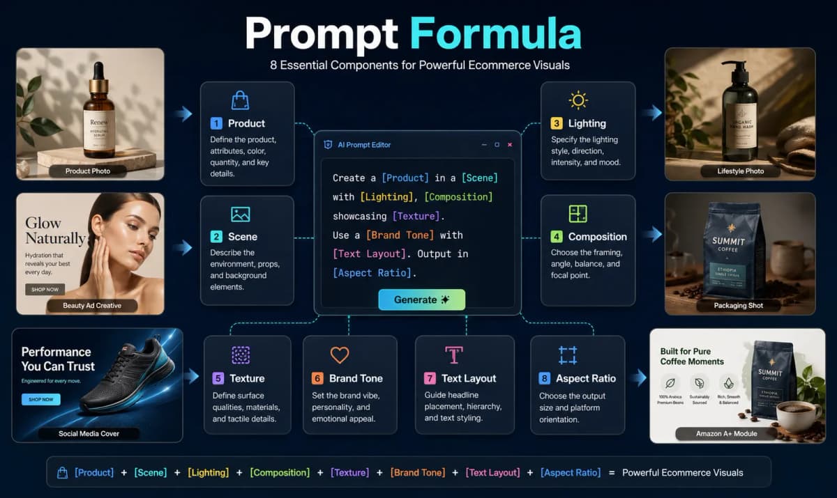 GPT Image 2 prompt formula for ecommerce ads, product photos, brand visuals, and PSD-ready workflows