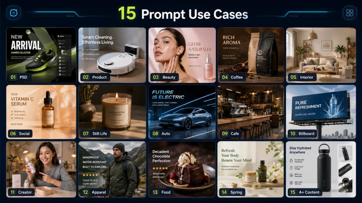 15 GPT Image 2 prompt use cases including product photos, social covers, packaging, interiors, ads, and PSD layers
