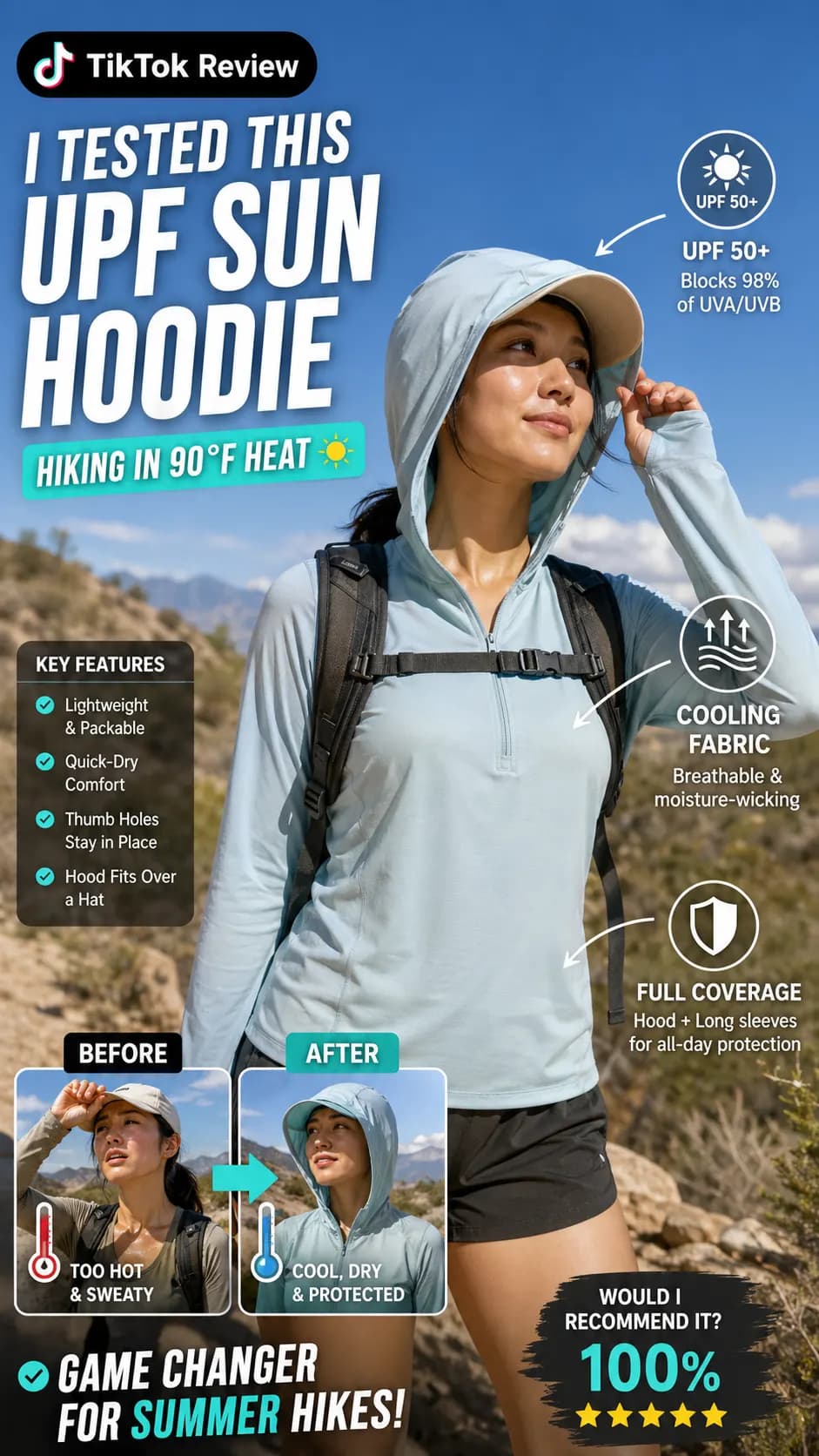 Example output for the Columbia sun hoodie TikTok review cover prompt