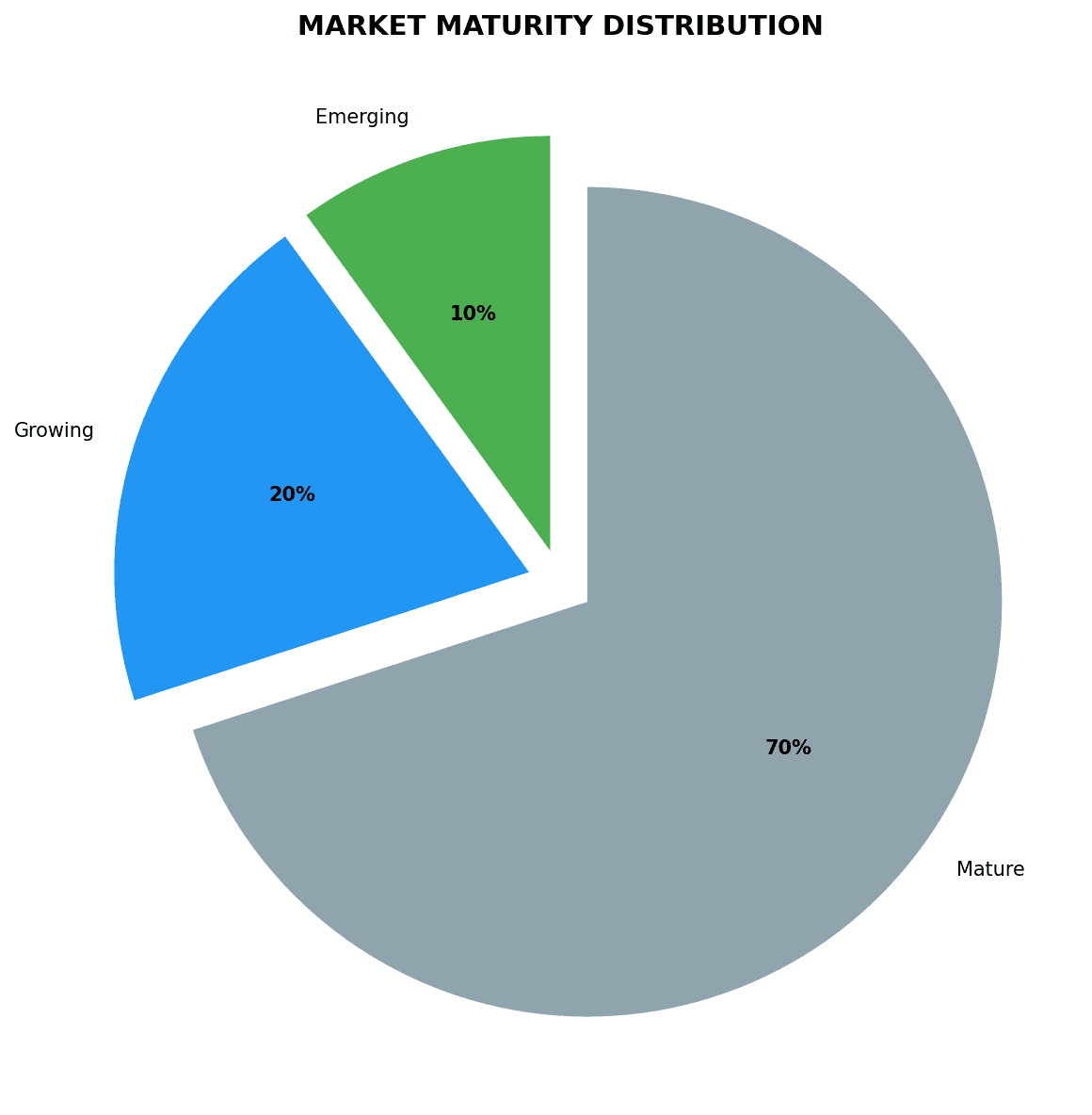 Market Maturity Distribution - 70% Mature, 20% Growing, 10% Emerging markets across analyzed categories